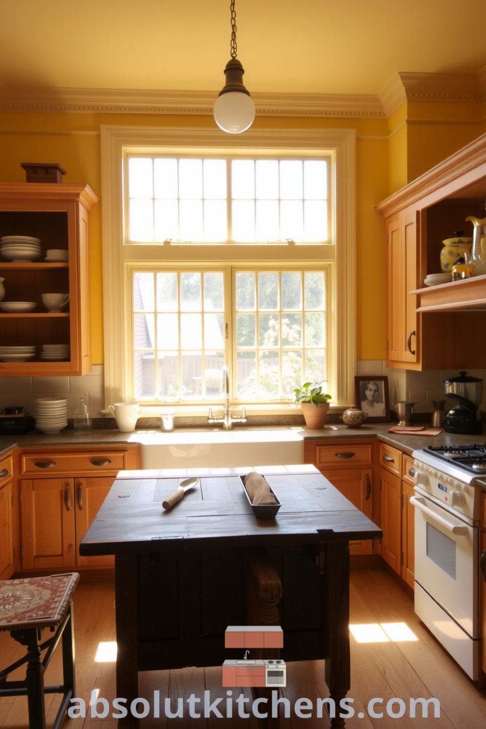 Cozy Victorian kitchen with golden yellow walls, timeworn wooden cabinets filled with mismatched antique dishware, a farmhouse sink under a wide window, and a central wooden table, creating an inviting and cheerful space. Discover inspiring decor ideas for your home at absolutkitchens.com.