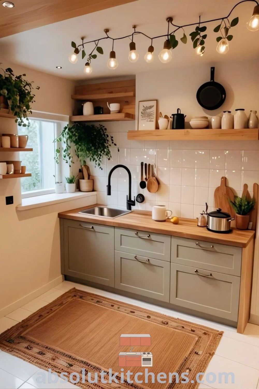 A spacious scandi kitchen filled with ample counter top space next to a potted plant and sink, showcasing cozy aesthetic and functional design trends. This kitchen offers inspiring decor ideas for small spaces, making it ideal for house or apartment living. Explore more ideas at absolutkitchens.com.