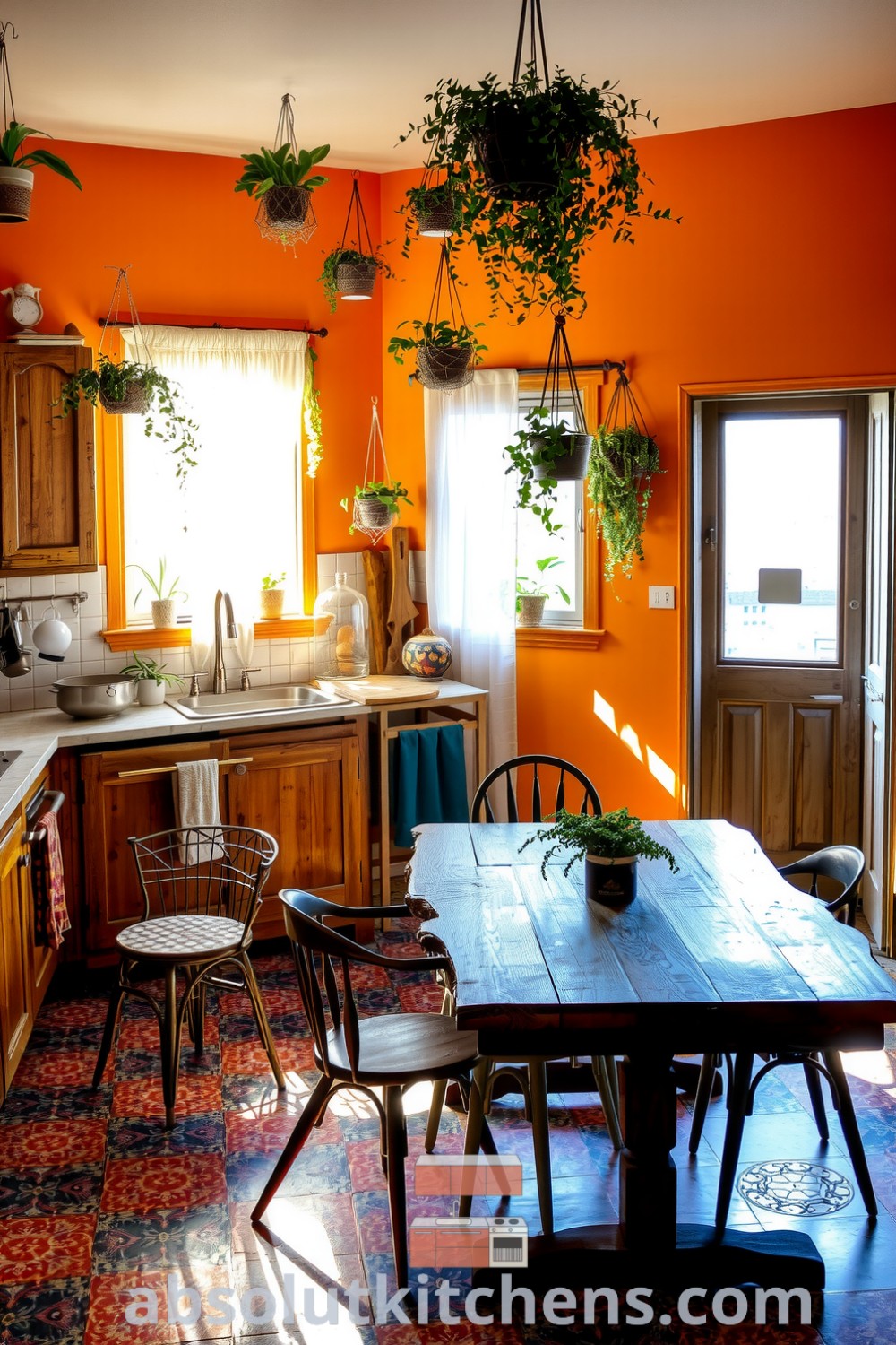 Cozy boho kitchen with warm orange tones, reclaimed wooden cabinets, distressed countertops, colorful ceramic tiles, mismatched chairs, and hanging plants, offering inviting decor ideas for a homey atmosphere at absolutkitchens.com.