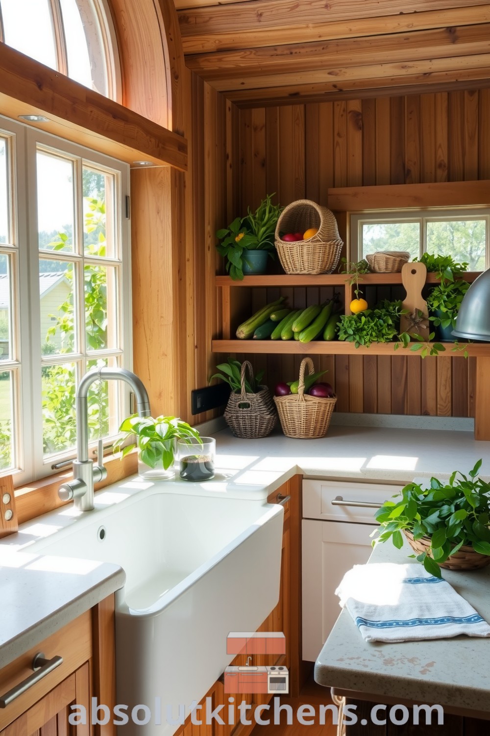 Cozy nature-inspired kitchen featuring reclaimed wood cabinetry, smooth stone countertops, an oversized farmhouse sink, and woven baskets of seasonal produce. This design offers unique ideas and decor inspirations, perfect for creating a cozy home atmosphere at absolutkitchens.com.