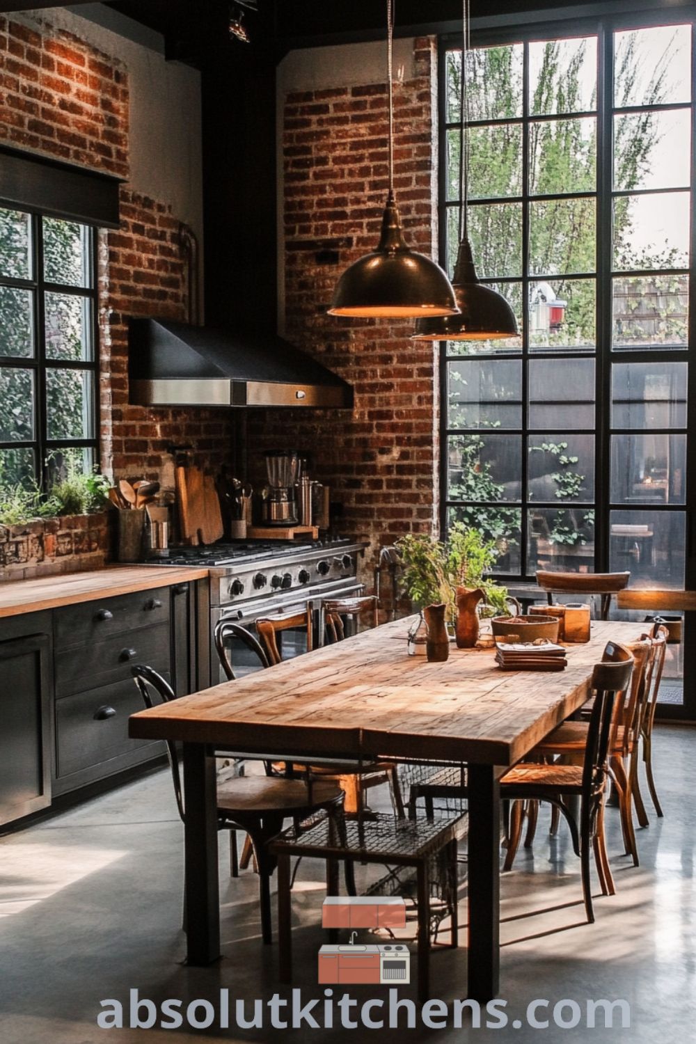 Stylish urban loft kitchen on absolutkitchens.com featuring sleek metal, warm wood accents, and inspiring loft kitchen design ideas, showcasing cozy aesthetics and inviting dining spaces.