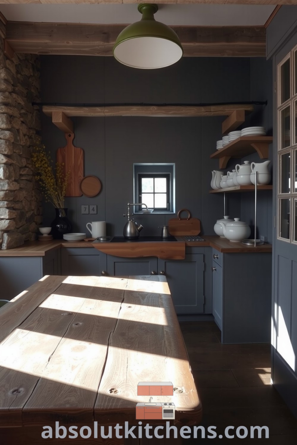 Cozy rustic kitchen with weathered wood and stone walls, featuring a farmhouse table, mismatched ceramics, and a warm inviting atmosphere perfect for gatherings. Discover more design ideas at absolutkitchens.com.