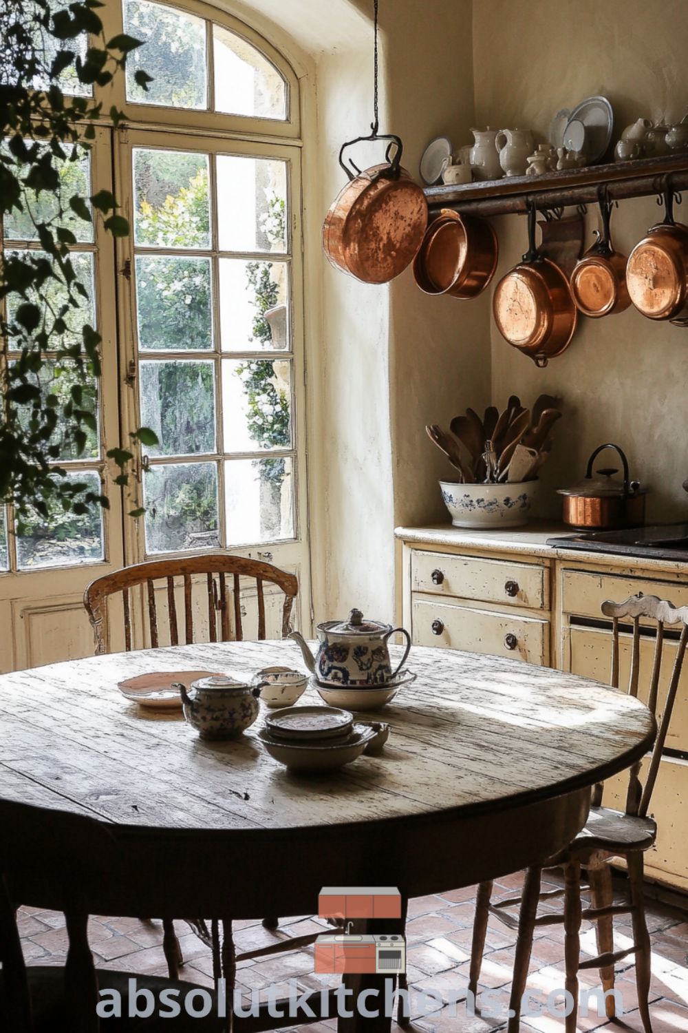 Cozy Rustic Kitchen scene on absolutkitchens.com featuring mismatched chairs, hand-painted ceramic dishes, and warm, inviting decor ideas for small spaces.