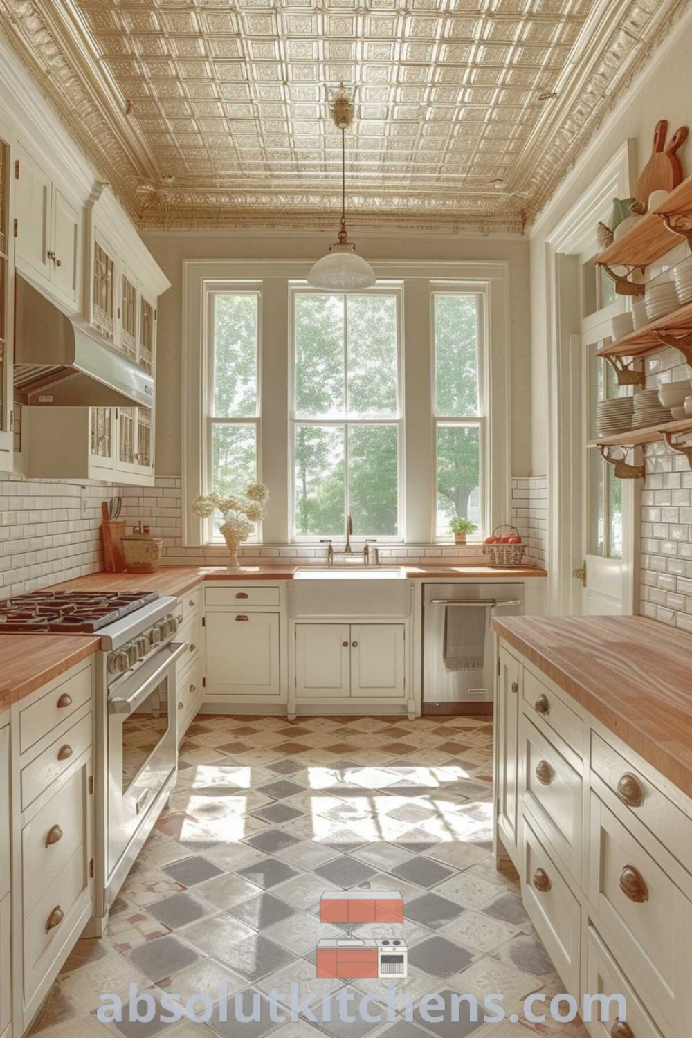 A cozy kitchen with white cabinets and checkered tile flooring, embodying a minimalist 90s aesthetic and farmhouse style. This image from absolutkitchens.com illustrates design trends that inspire inviting decor ideas for small spaces, perfect for house or apartment transformations.