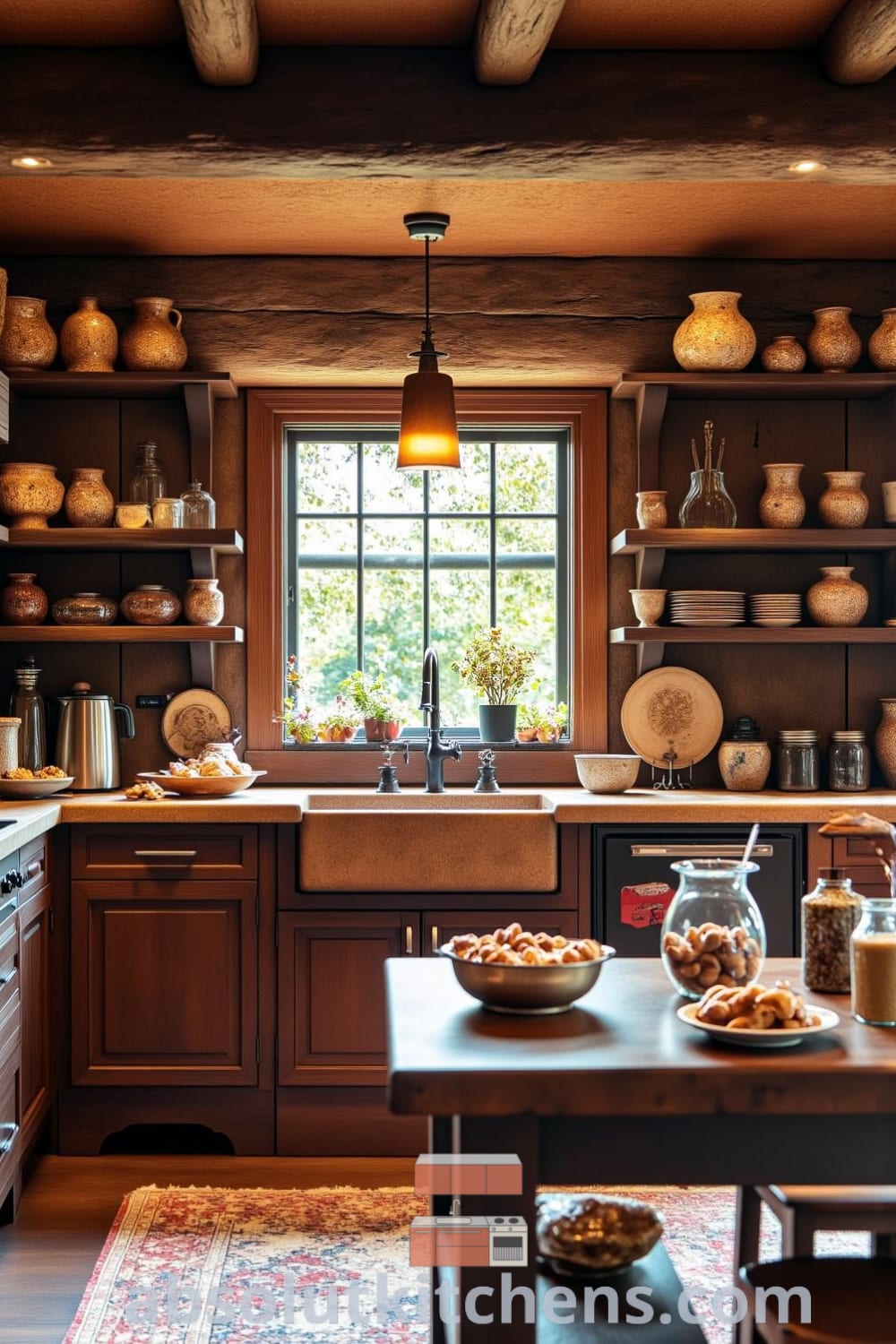 A cozy rustic kitchen featuring rich brown tones, a farmhouse sink under a wide window, butcher block countertops, open shelves with handcrafted pottery, and a wooden table with remnants of a family meal, creating inviting home decor ideas for warmth and nostalgia. Visit fireplacesandwoodstoves.com for more inspiring design ideas.