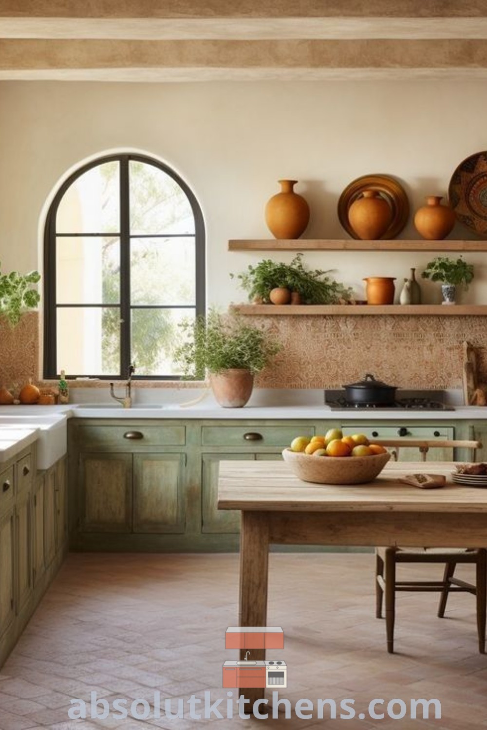 A spacious Mediterranean kitchen with extensive counter space beside a wooden dining table, reflecting the Italian country kitchen and Spanish modern kitchen aesthetics. Discover inspiring ideas and design tips for your house or apartment at absolutkitchens.com.