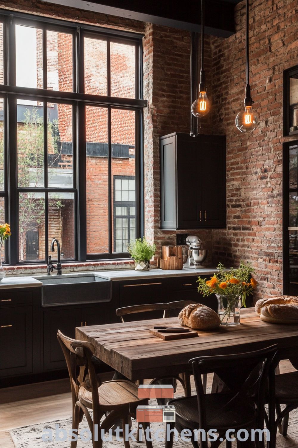 Loft kitchen design image on absolutkitchens.com showcasing reclaimed wood cabinets, urban loft kitchen style, and inviting decor ideas for small spaces.