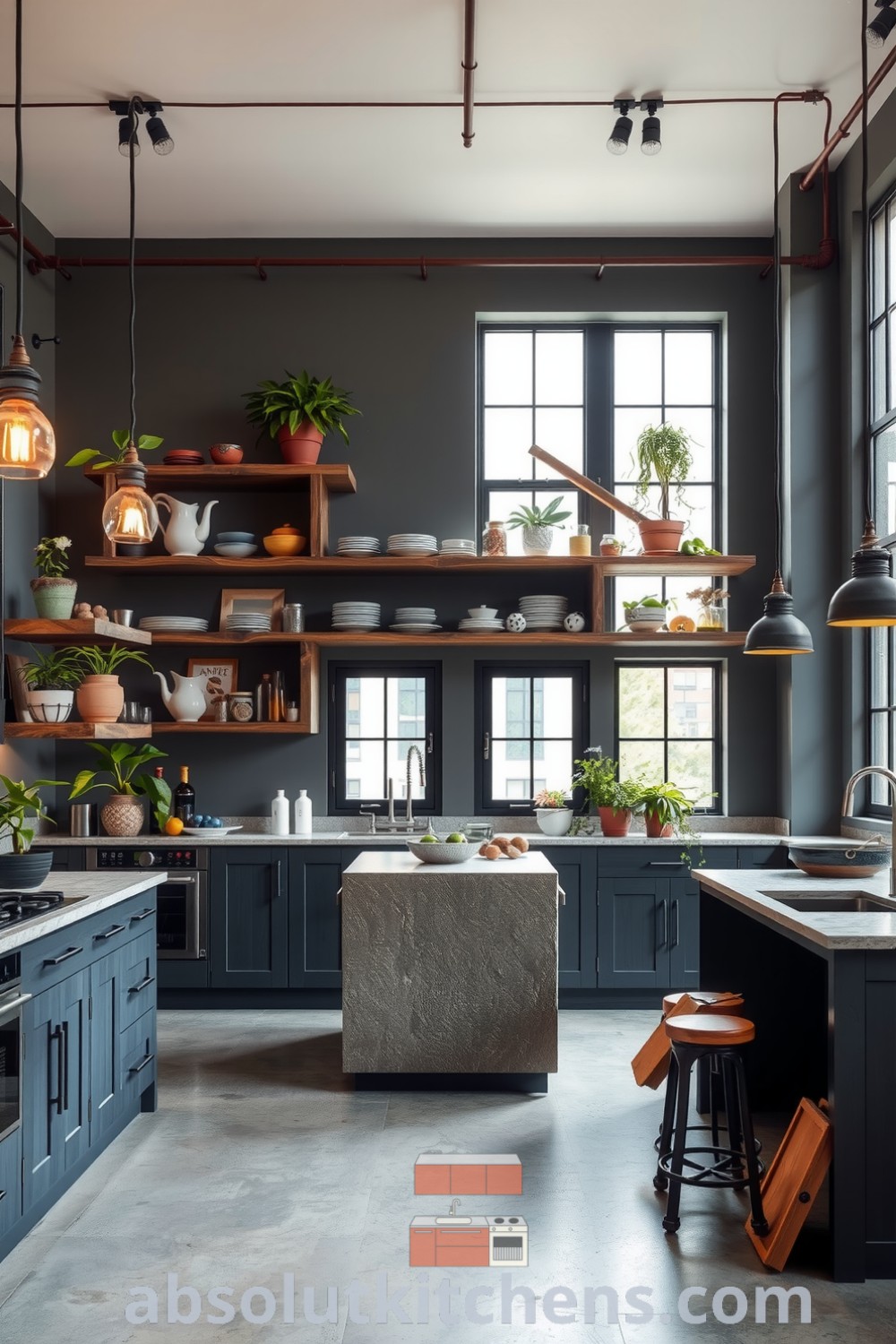 Modern grey loft kitchen featuring industrial pendant lights, polished concrete floors, rustic wooden shelves with colorful kitchenware, and houseplants. The design promotes a cozy atmosphere, making it an ideal culinary haven for gatherings and meal preparations. Explore unique ideas for your home at fireplacesandwoodstoves.com.