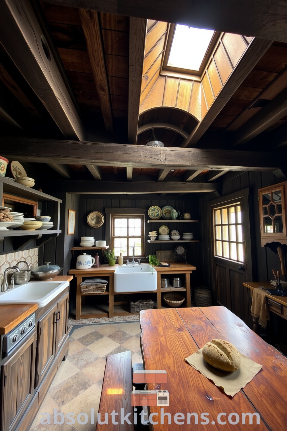 Cozy rustic kitchen featuring deep brown wooden beams, weathered countertops, hand-painted dishes, and a sturdy wooden table, creating an inviting atmosphere perfect for family gatherings and meals. Visit absolutkitchens.com for design inspirations.