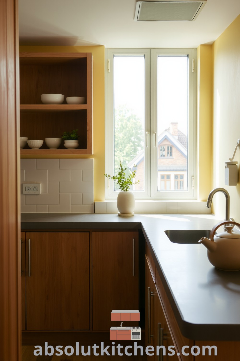 Minimalist kitchen featuring soft yellow walls, rustic wooden cabinets, simple ceramic bowls on shelves, and a potted herb on the windowsill, evoking cozy ideas and inspirations for home decor at fireplacesandwoodstoves.com.