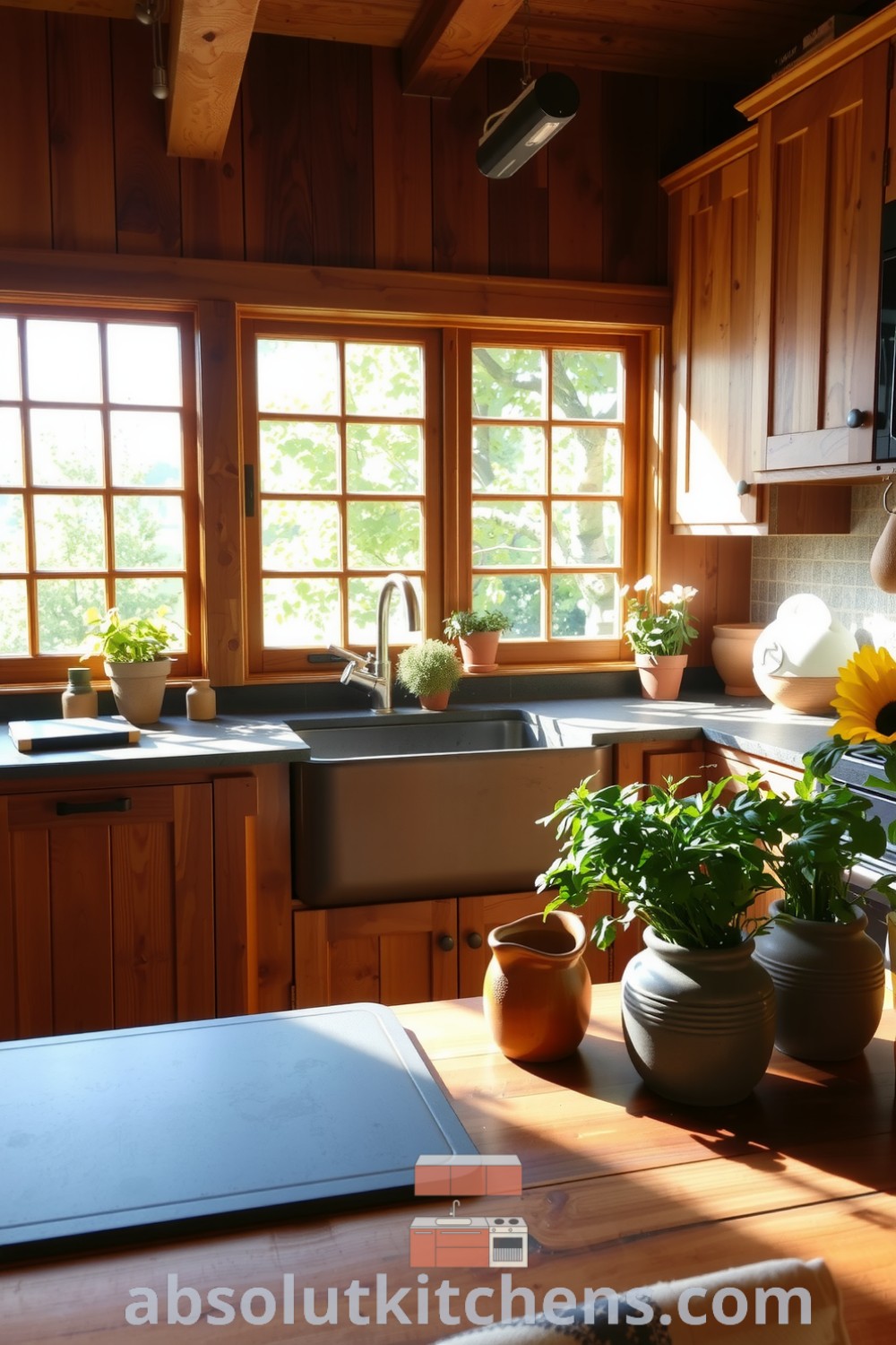 Nature-inspired kitchen with sunlight filtering through large windows, showcasing rich wooden cabinetry, rustic slate countertops, and earthenware pots filled with fragrant herbs, creating a cozy and inviting space perfect for family gatherings and shared meals. Visit absolutkitchens.com for inspiring decor ideas for your home.