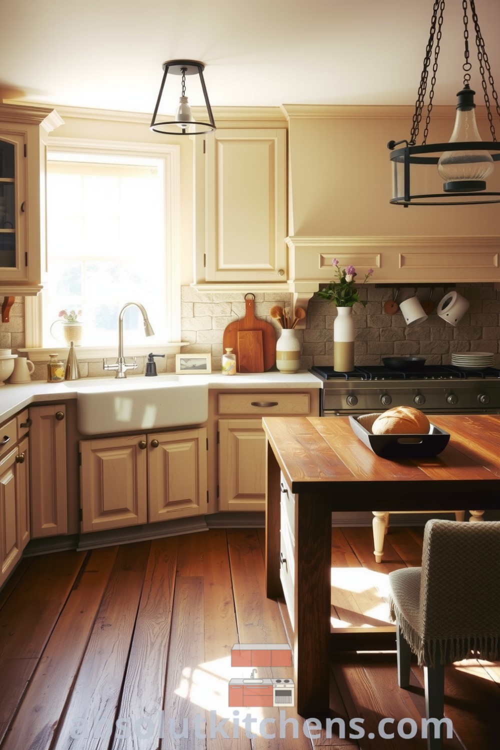 Cozy farmhouse kitchen with beige wooden cabinets, a rustic stone backsplash, and a large oak table, featuring a farmhouse sink and warm lighting, creating an inviting atmosphere for family gatherings and everyday moments. Visit absolutkitchens.com for decor ideas and inspiration.