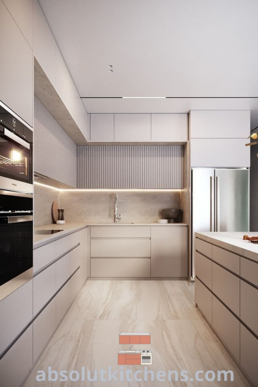 A modern kitchen with white cabinets and wood flooring, featuring an oven on the wall, showcasing stylish and functional design ideas. This contemporary kitchen decor offers unique inspirations for a cozy home. Explore more at wellnesswink.com.