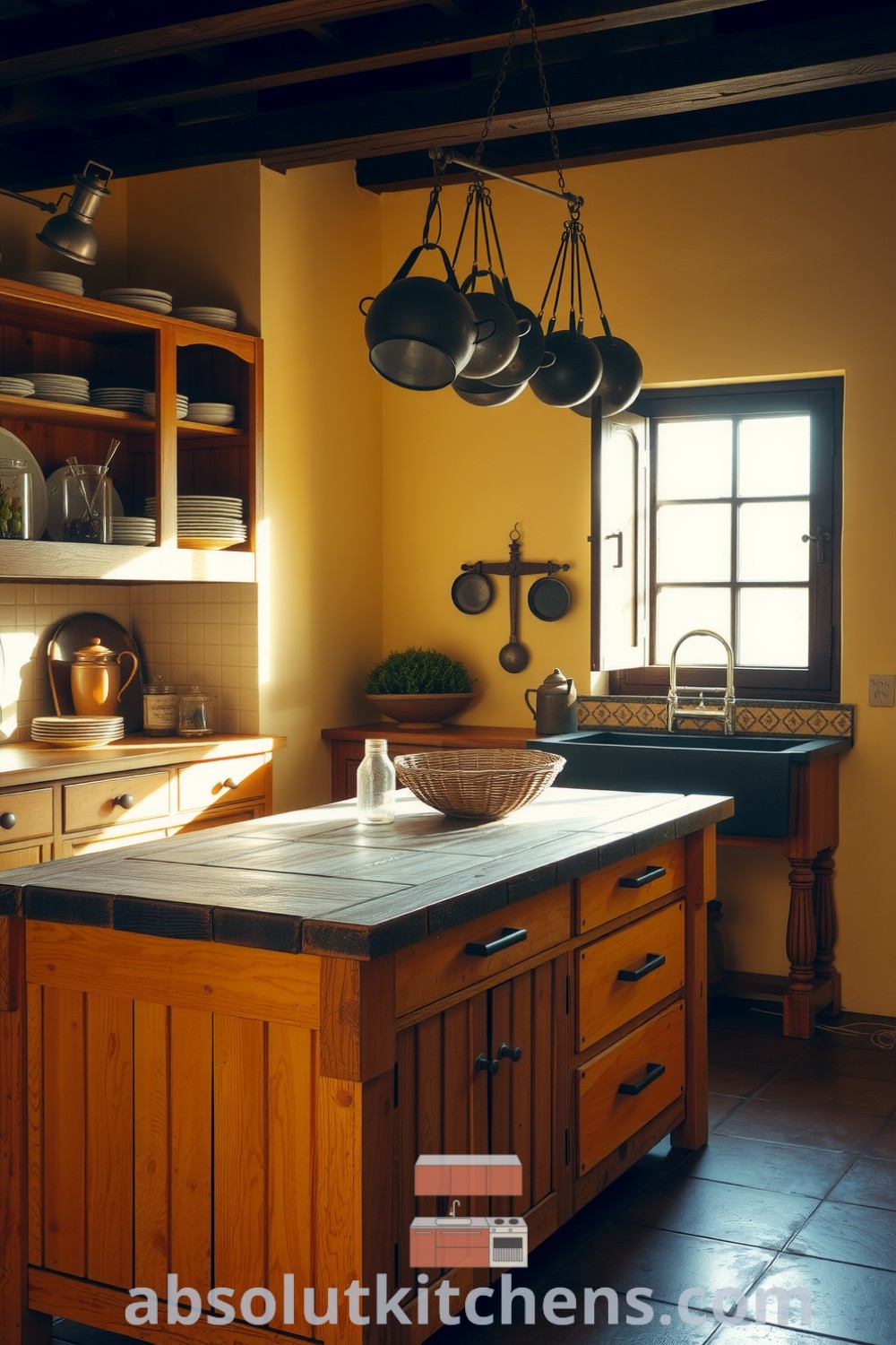Cozy rustic kitchen featuring warm sunlight filtering through an open window, timeworn wooden cabinets, a reclaimed wood island, and vintage copper pots, creating an inviting atmosphere perfect for family gatherings. For more unique ideas, visit absolutkitchens.com.