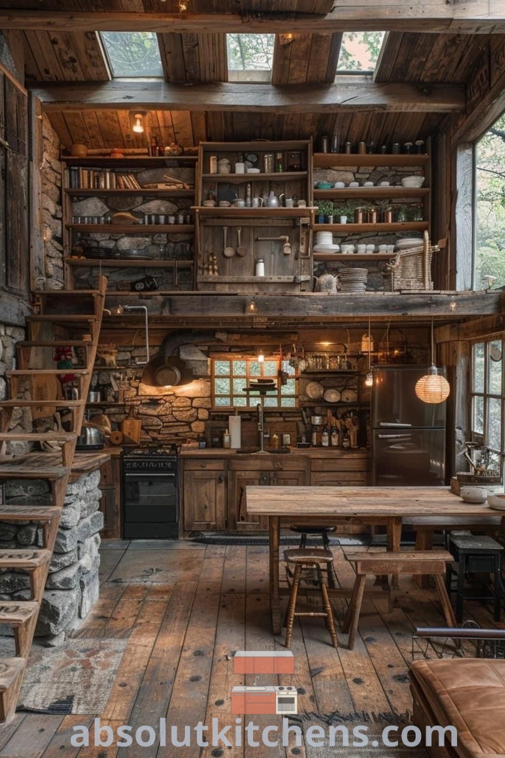 A rustic cabin interior featuring wood flooring and stairs leading to an open kitchen area. This cozy space showcases rustic decor and design trends, providing inspiring ideas for house or apartment interiors. For more design tips and decorating ideas, visit absolutkitchens.com.