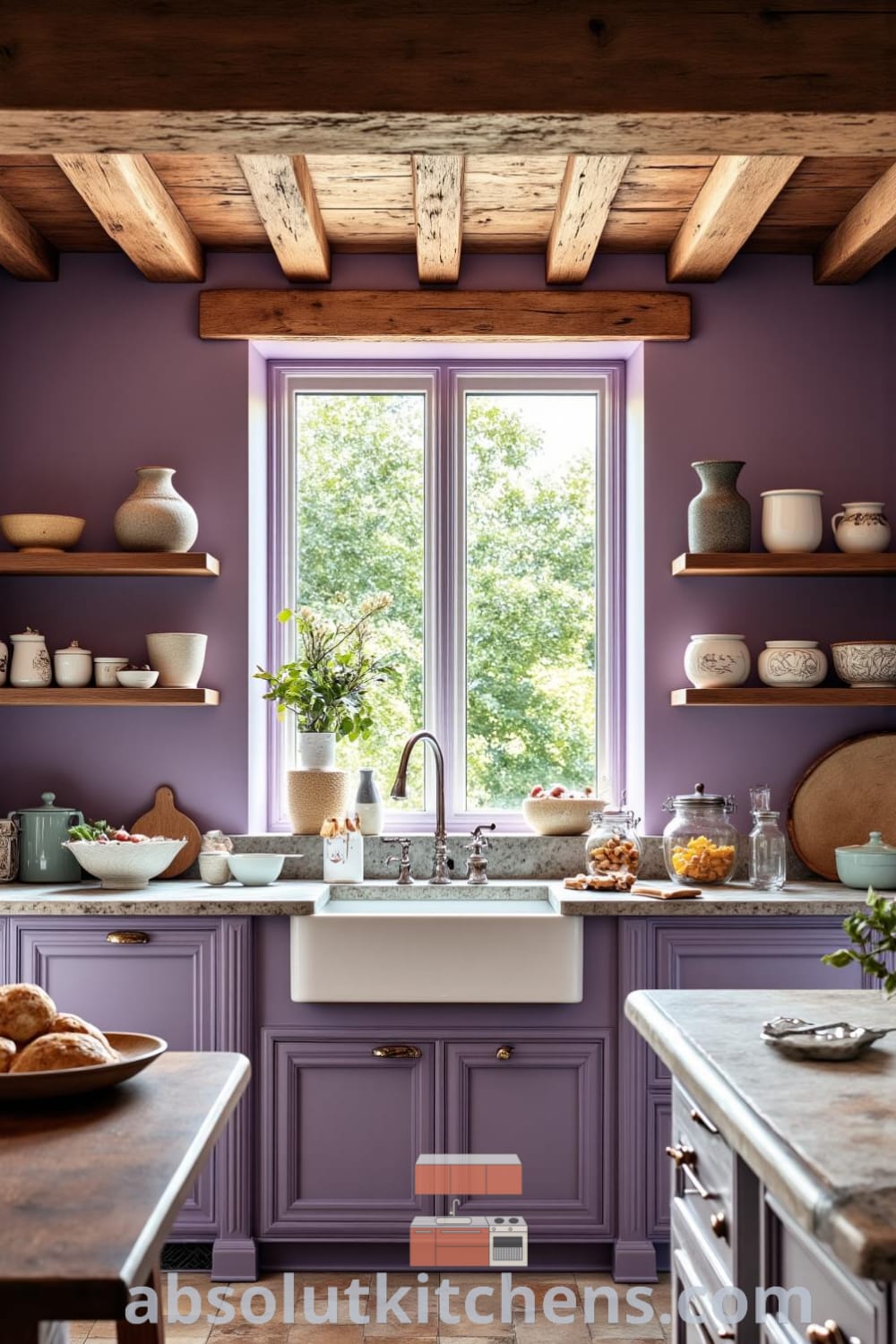 Rustic kitchen design in soft purple tones featuring exposed wooden beams, weathered stone countertops, handmade pottery, and a farmhouse sink, creating a cozy atmosphere ideal for shared meals and inviting gatherings, as showcased on fireplacesandwoodstoves.com.