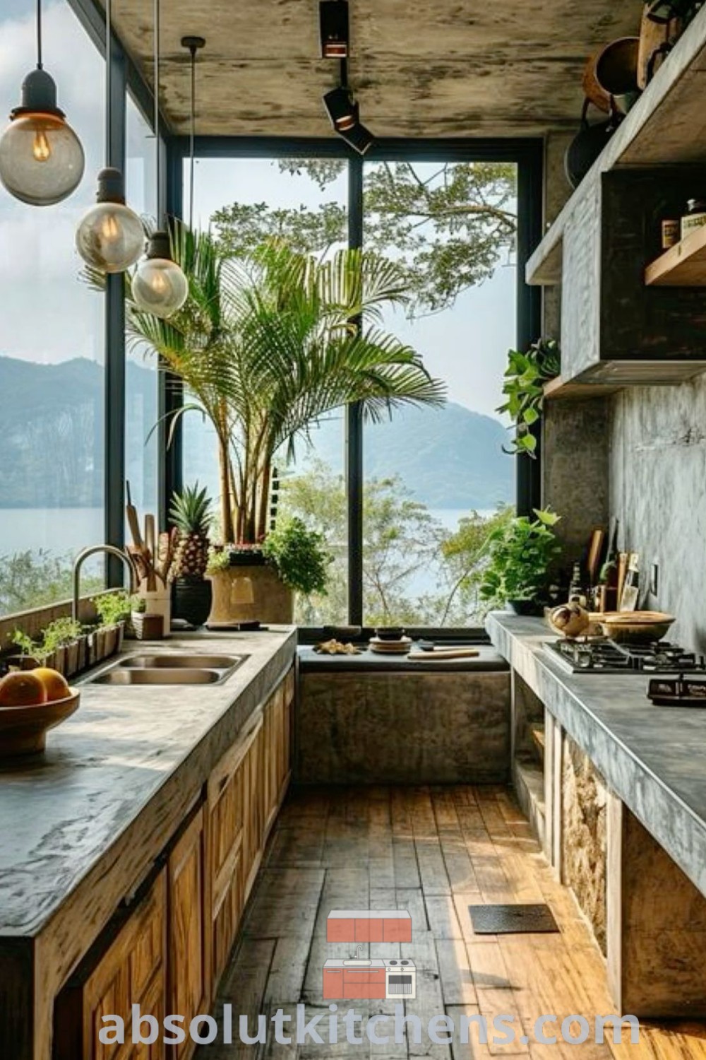 A bright kitchen with wooden floors and lots of plants on the window sill, showcasing light-filled rustic kitchen design. This cozy aesthetic embodies inside-outside kitchen trends, providing inspiring decor ideas for small spaces. Discover unique kitchen styles and functional design tips at absolutkitchens.com.