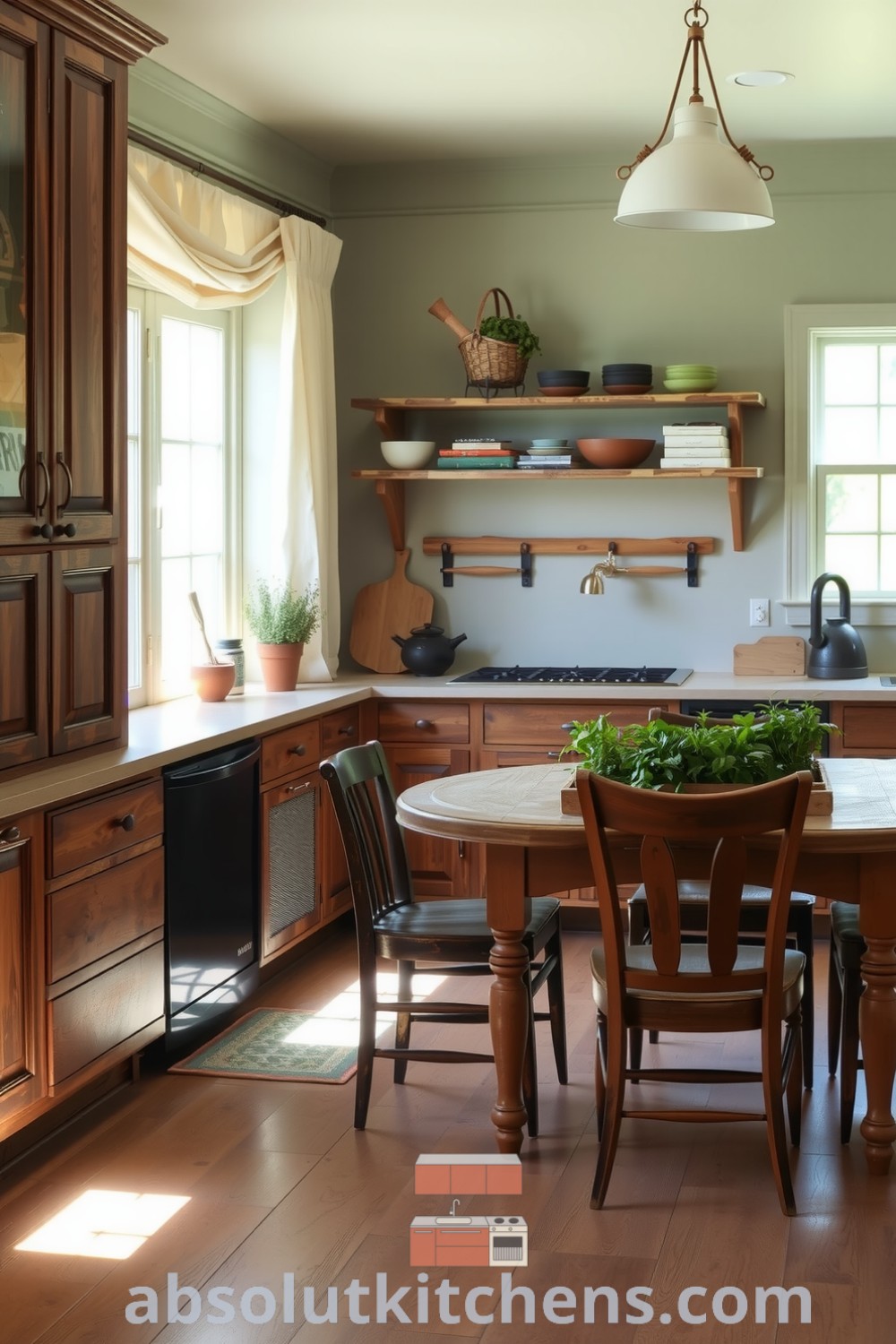 Cozy kitchen featuring earthy green tones, reclaimed wood cabinetry, stone countertops adorned with herb pots, and a cozy breakfast nook, offering design inspirations and ideas for creating a warm, inviting atmosphere in your home. Visit absolutkitchens.com for more decor ideas.