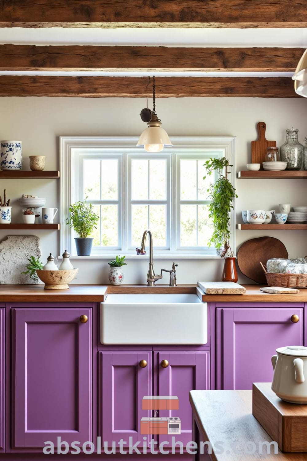 Cozy rustic kitchen showcasing soft purple themes, weathered beams, a farmhouse sink, and unique decor ideas with mismatched ceramic dishes, emphasizing the warm and inviting atmosphere on fireplacesandwoodstoves.com.