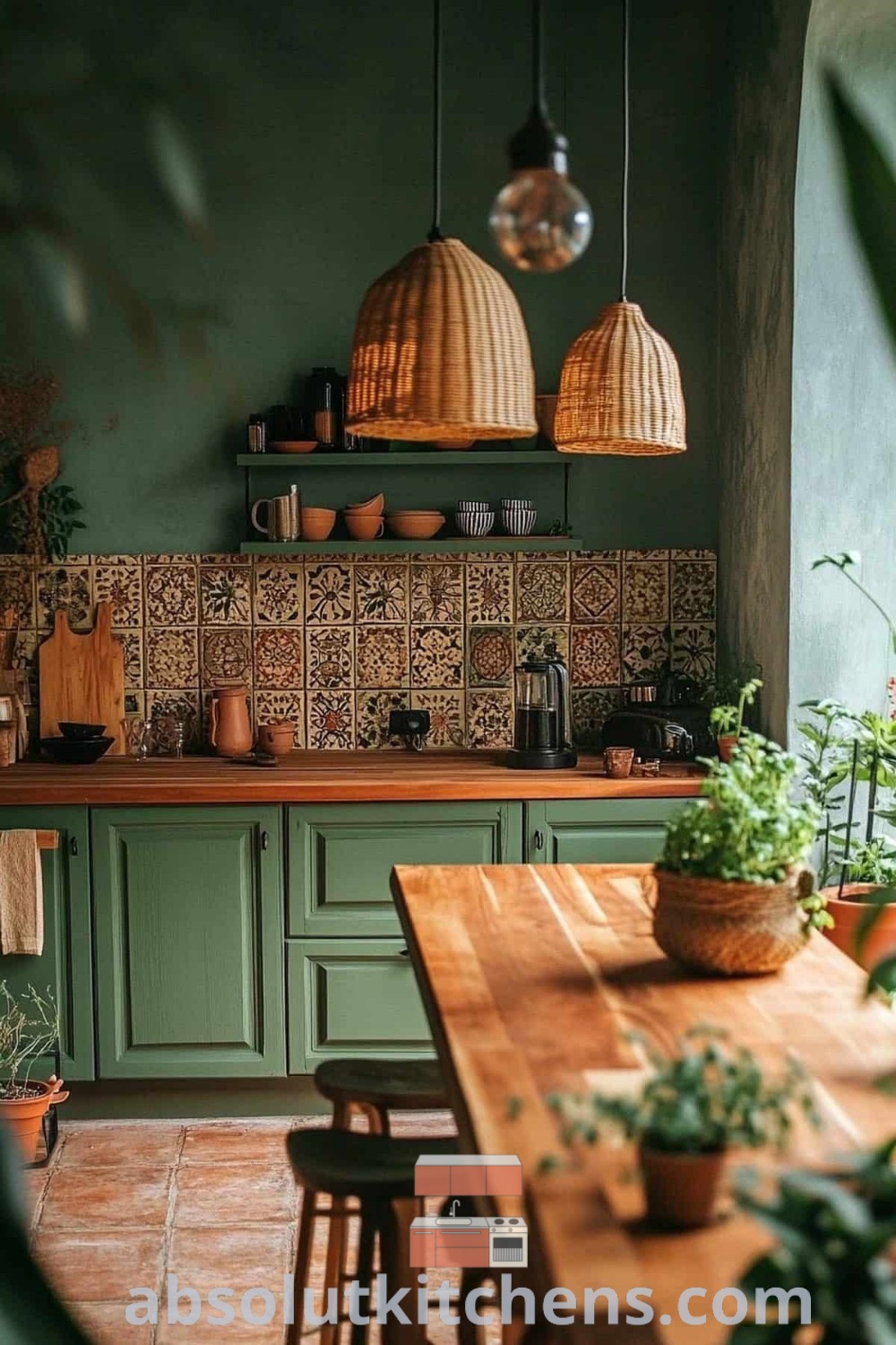 A cozy boho kitchen with green walls, a wooden table, and hanging lights, showcasing decor ideas for small spaces. Embrace inspiring design trends with this Spanish modern kitchen design, featuring vintage elements and earthy colors. Discover more kitchen decor ideas at absolutkitchens.com.