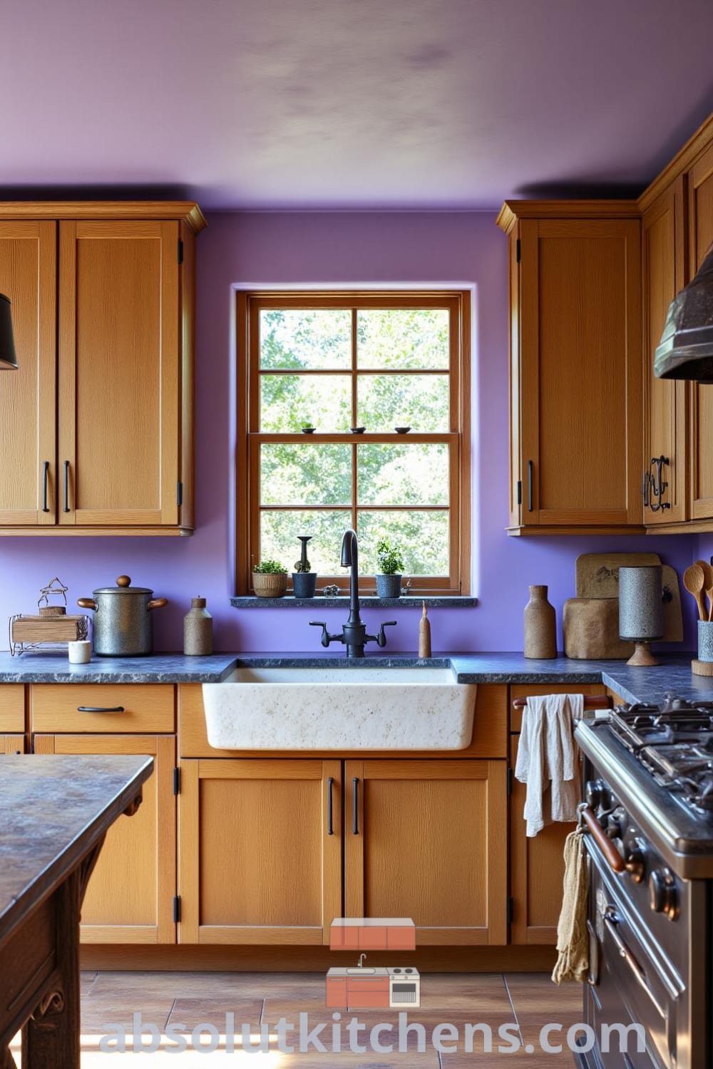 Cozy rustic kitchen with weathered oak cabinets, soft lavender walls, a farmhouse sink, and textured stone countertops, featured on fireplacesandwoodstoves.com, offering design ideas for a warm and inviting home.