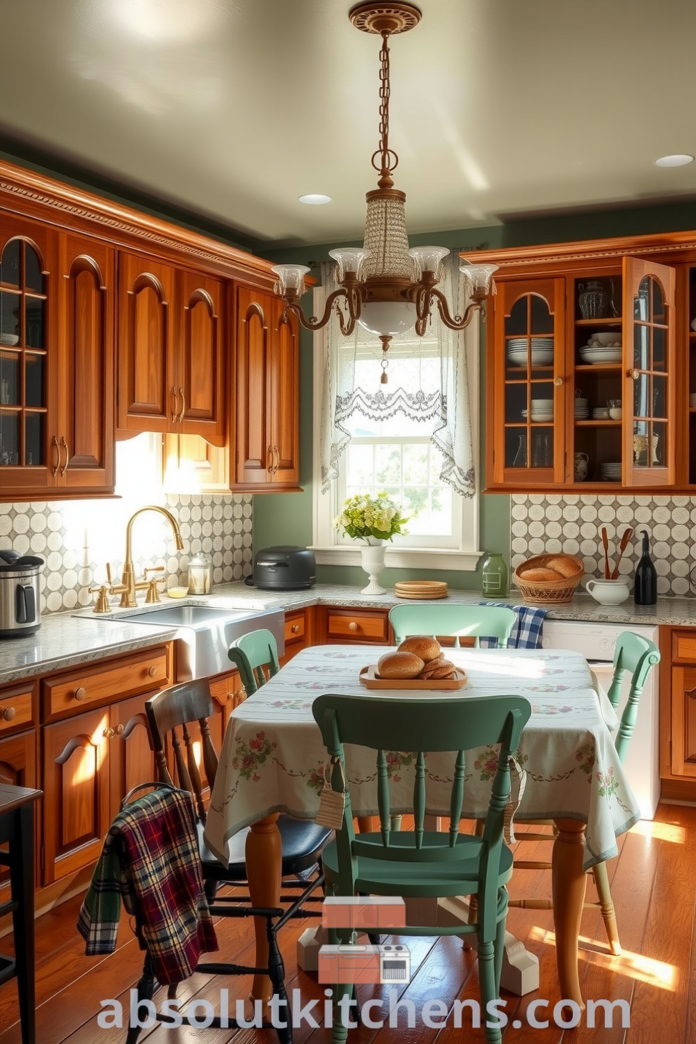 Cozy Victorian kitchen featuring soft green cabinetry, rich wood grains, and brass fixtures, highlighted by a farmhouse table and mismatched chairs. Sunlight filters through lace curtains, creating a warm and inviting atmosphere. Explore more inspiring decor ideas for your home at absolutkitchens.com.