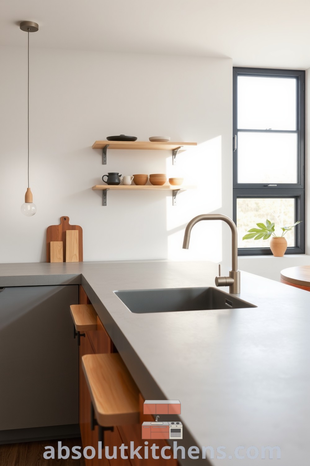 Minimalist grey kitchen design with smooth concrete surfaces, warm wood tones, and artisanal ceramic dishes on open shelves, creating a serene and inviting atmosphere, perfect for cozy home inspirations. Visit fireplacesandwoodstoves.com for more cozy ideas.
