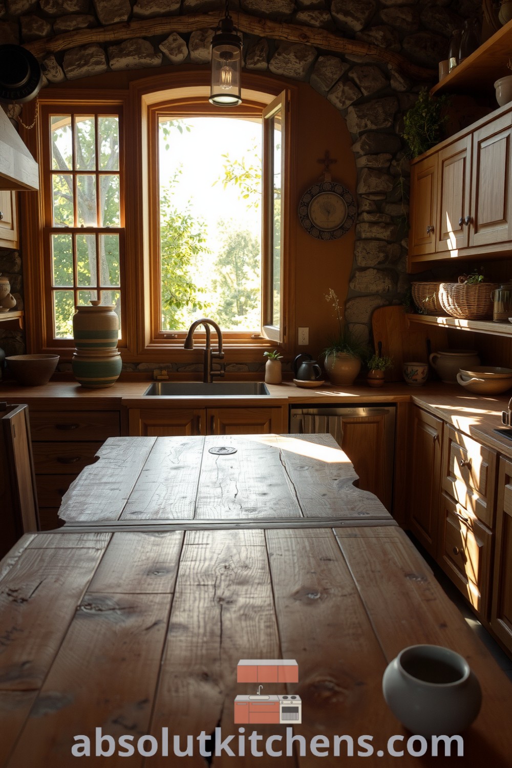 Cozy nature-inspired kitchen featuring sunlight filtering through stone walls, a sturdy wooden table, handmade pottery, and fresh herbs, creating a warm and inviting atmosphere perfect for gatherings. Visit absolutkitchens.com for more decor ideas and inspiration.