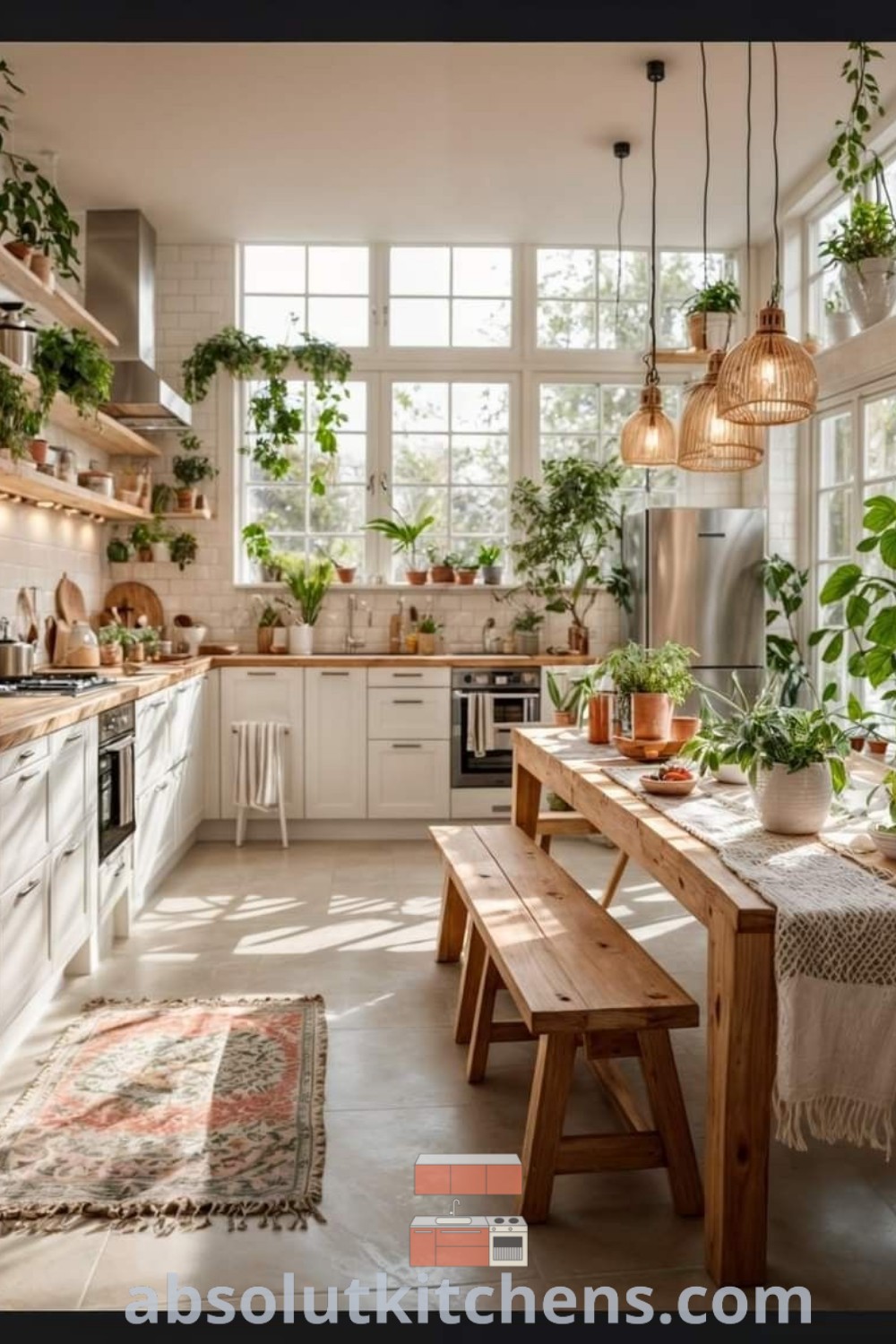 A vibrant kitchen filled with potted plants alongside a wooden table and chairs, showcasing modern tropical design trends and inspiring decor ideas for small spaces. This cozy kitchen highlights the charm of hacienda and mid-century beach house aesthetics, perfect for home ideas decoration at absolutkitchens.com.