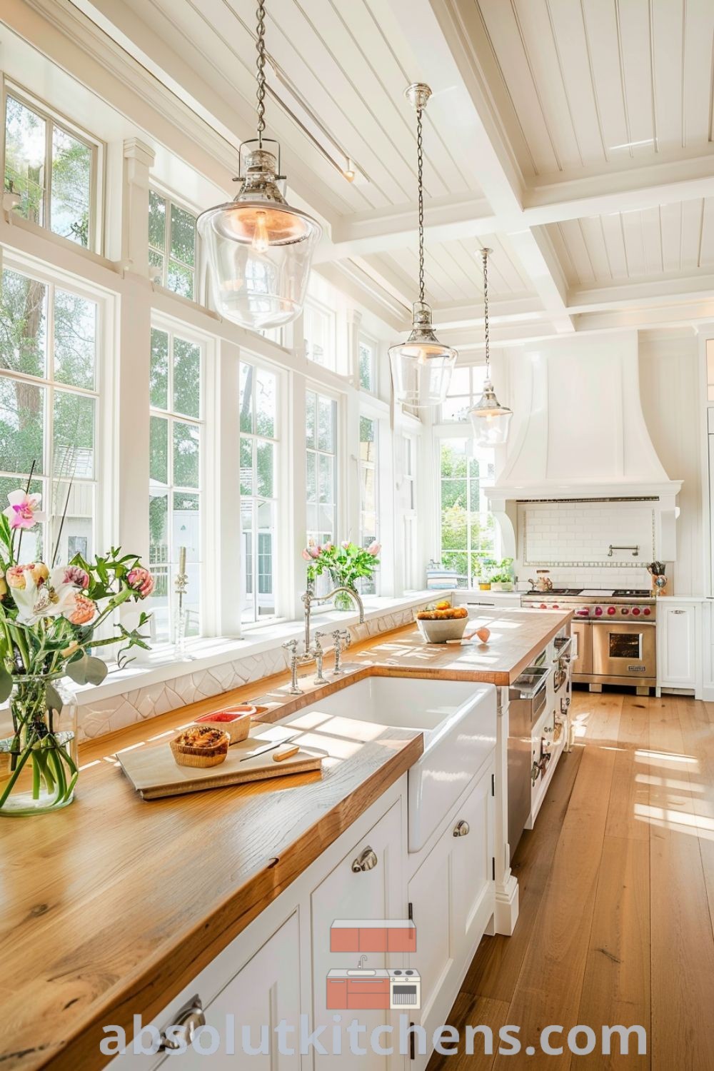 A bright farmhouse kitchen showcasing plenty of white cabinets and counter top space, next to a large window. This white country kitchen embodies farmhouse decor ideas, blending modern rustic style with cozy aesthetic elements. Explore inspiring design trends and decorating ideas at absolutkitchens.com.