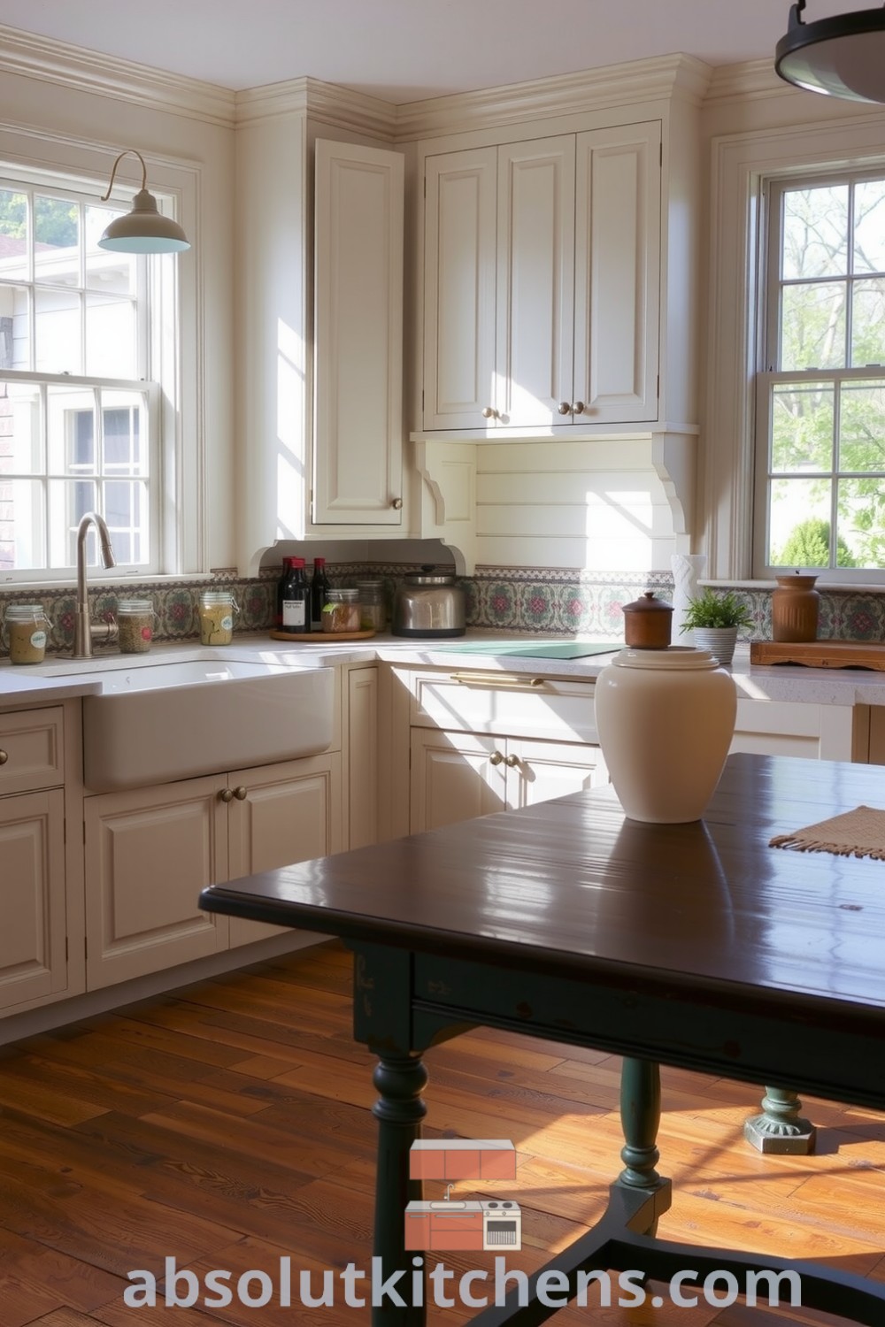 Cozy Victorian kitchen with soft white cabinetry and weathered wood floors, featuring a farmhouse sink and expansive window, adorned with jars of herbs and spices, exemplifying charming decor ideas for a cozy home at absolutkitchens.com.