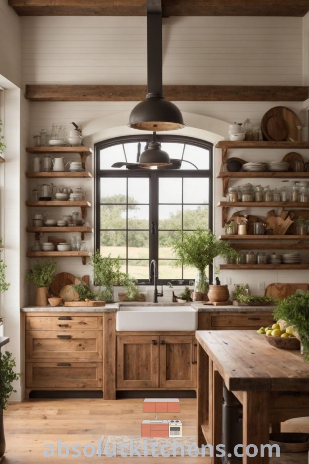 A cozy kitchen with wooden cabinets and open shelves showcasing rustic country designs, perfect for farmhouse kitchen inspiration. This image highlights modern appliances within an inviting atmosphere, providing decor ideas for house or apartment at absolutkitchens.com.