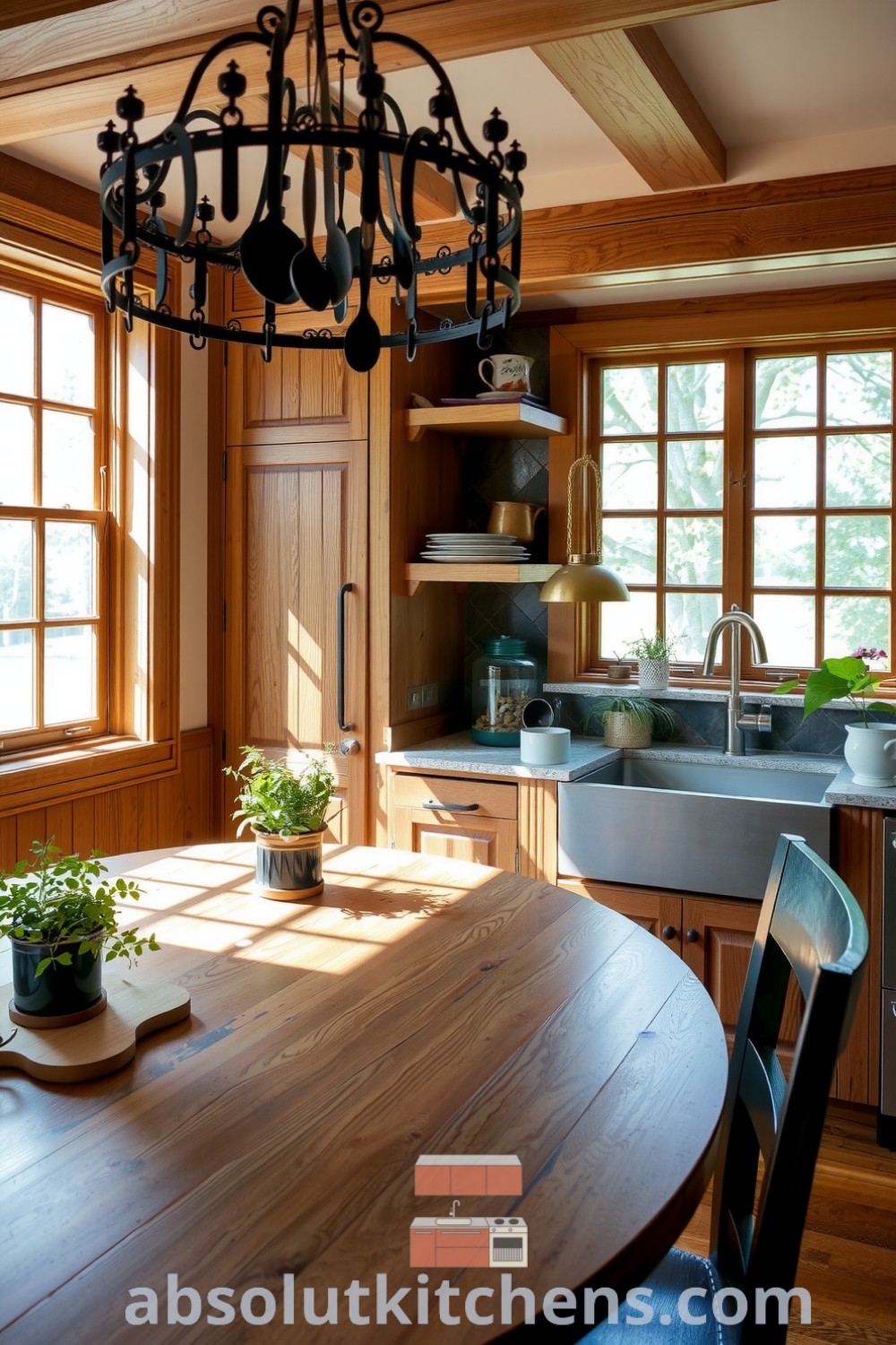 Cozy nature-inspired kitchen featuring warm oak cabinetry, a slate stone backsplash, large mullioned windows, a wooden dining table, potted herbs, and vintage utensils, showcasing inviting decor ideas that inspire a warm and homey atmosphere. Explore more at absolutkitchens.com.