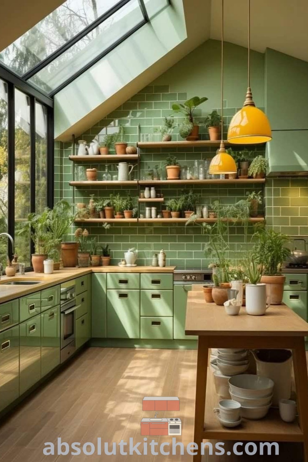 A cozy kitchen with green cabinets and shelves filled with potted plants, showcasing charming Cottagecore design trends. This space provides inspiring decor ideas for small apartments and houses, blending functionality with a warm, inviting aesthetic. Explore more at absolutkitchens.com.