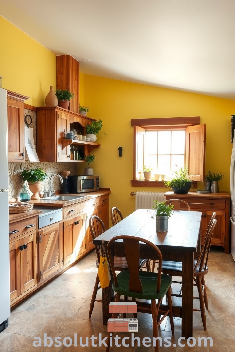 Cozy boho kitchen with sunlit soft yellow walls, rustic wooden cabinets, a reclaimed wood dining table, and potted herbs on the windowsill, featuring natural light and a comforting, lived-in atmosphere. Visit absolutkitchens.com for more cozy decoration ideas and designs.