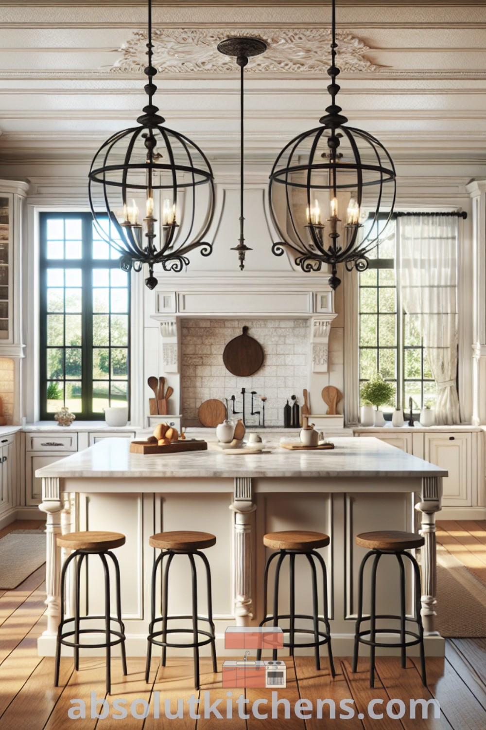 A modern colonial style kitchen featuring large windows for natural light, a classic farmhouse sink, marble countertops, and ornate moldings. This cozy kitchen design combines Southern Charm and French Country elements, offering practical tips and inspired decor ideas for your home. Visit absolutkitchens.com for more design trends and decorating ideas.