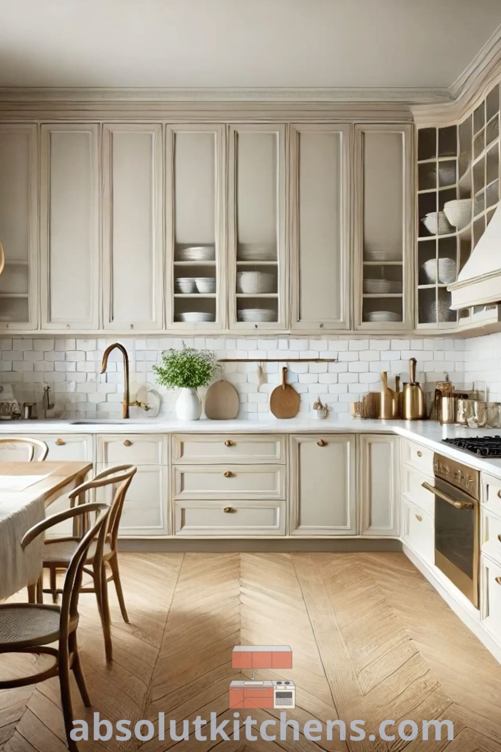 A chic Parisian kitchen with white cabinets, wooden floors, and a dining table set for four, showcasing stylish design trends and decor ideas for small spaces. Find more inspiring home items and kitchen designs at absolutkitchens.com.