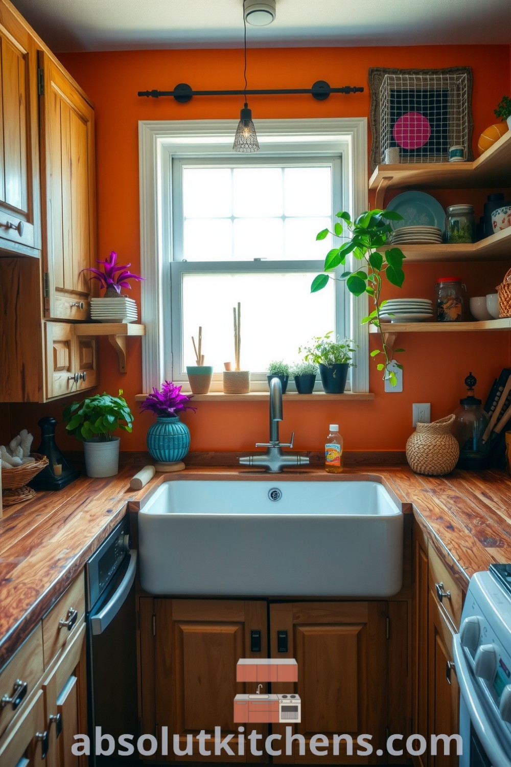 Cozy boho kitchen featuring earthy orange tones, distressed wooden cabinets, mismatched dishware, vibrant plants, and a deep farmhouse sink under a wide window, highlighting natural light and organic materials, perfect for cozy home ideas and decor inspirations at absolutkitchens.com.