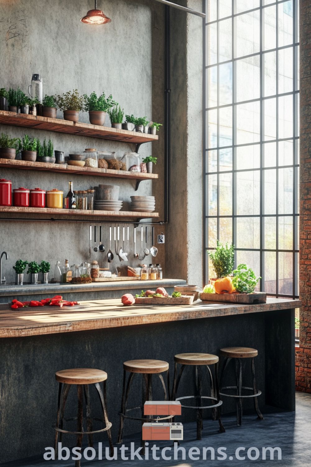 Spacious urban loft kitchen scene on absolutkitchens.com with natural light, large wooden island, and vibrant decor ideas for small spaces.