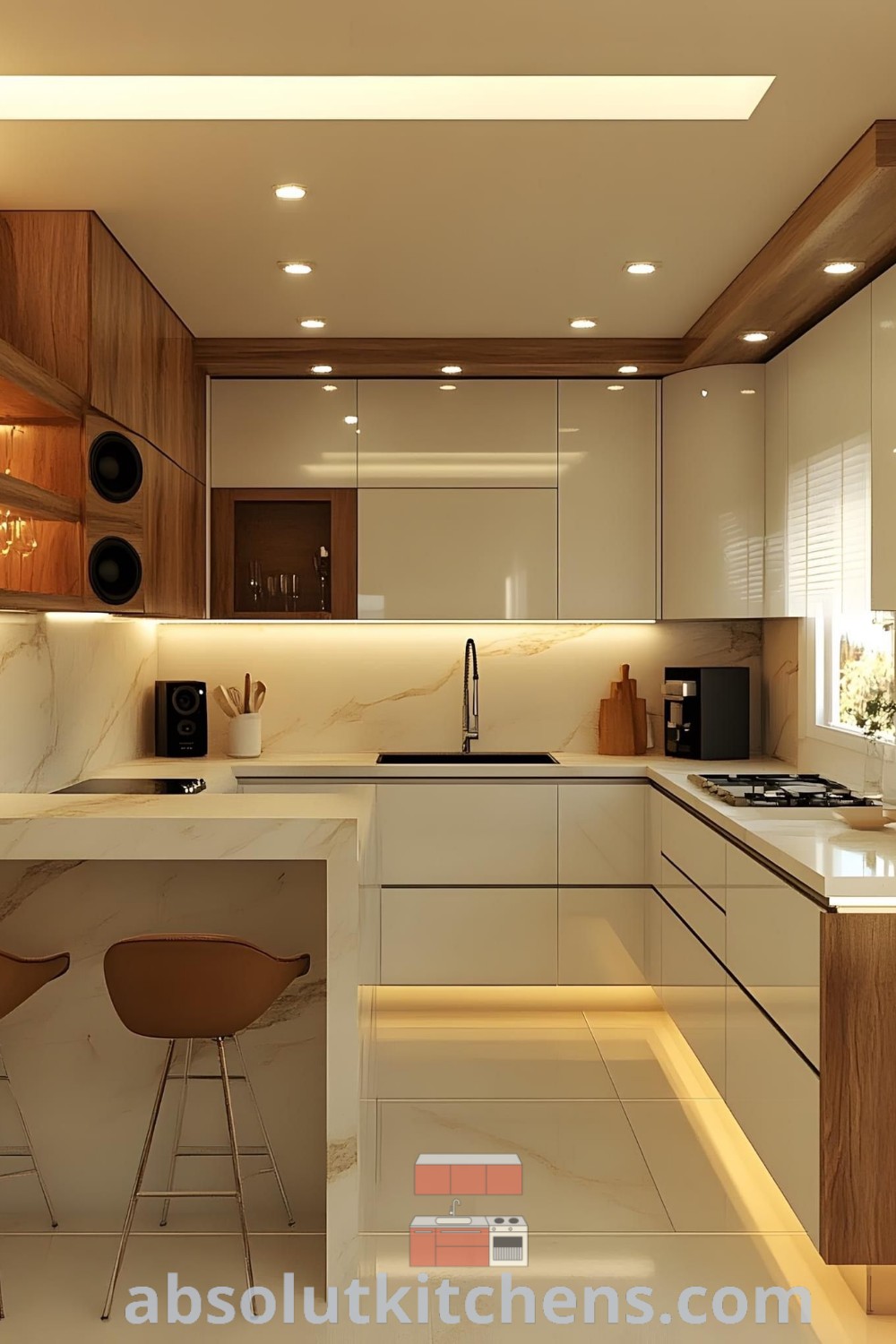 A chic small modern kitchen featuring blue accents, organic modern design elements, and a cozy kitchen garland, showcasing inspiring decor ideas and unique kitchen inspirations. This design reflects the latest kitchen ideas for 2023, offering functional and stylish approaches for your home. Discover more decor inspirations at wellnesswink.com.