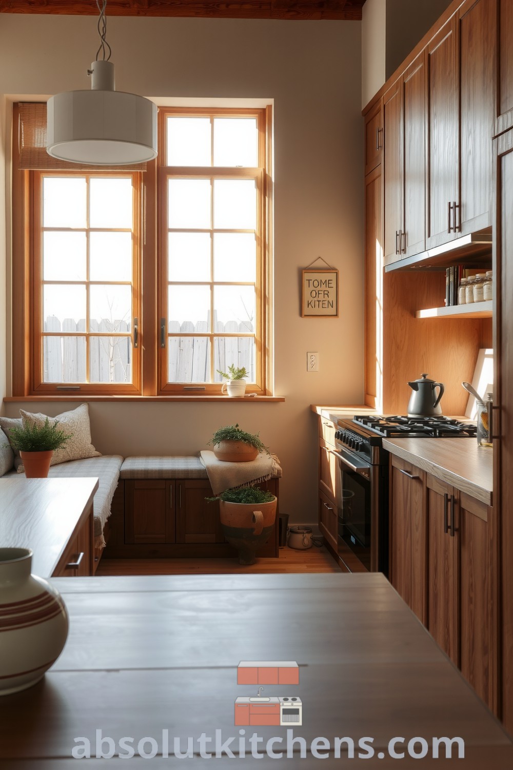 Scandinavian kitchen with brown cabinetry, wooden countertops, hand-thrown pottery with fresh herbs, and a cozy nook, showcasing cozy ideas and decor inspirations from fireplacesandwoodstoves.com.