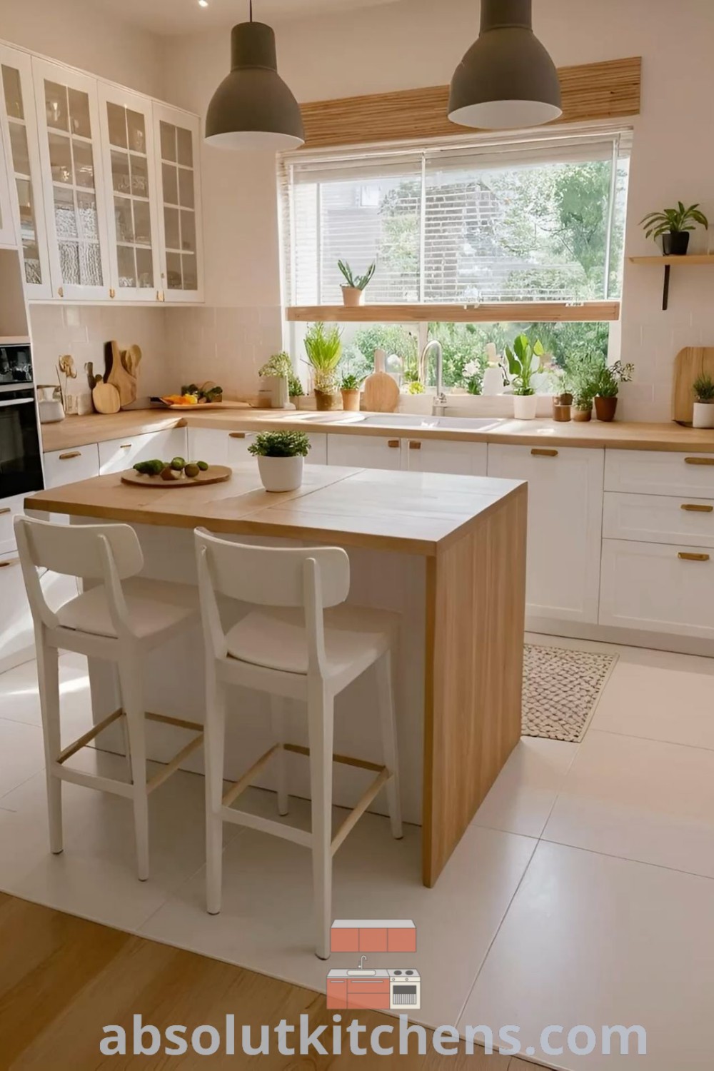 A cozy kitchen with white cabinets and an island in front of a stove top oven next to a window, showcasing a soft autumn color palette. This rustic country kitchen decor offers unique design ideas and inspirations for cozy interiors. Explore more at wellnesswink.com.