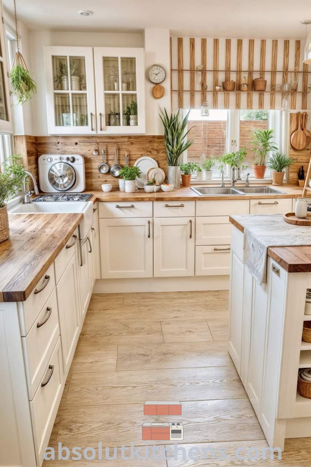 A cozy kitchen filled with white cabinets and wooden countertops next to a window, showcasing design trends and decor ideas for small spaces. This inviting space offers inspiration for cottage kitchen styles and emphasizes a warm, functional aesthetic. Discover more design tips at absolutkitchens.com.