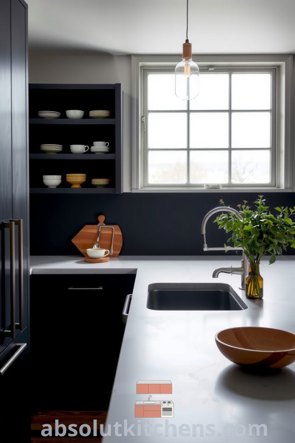 Minimalist black kitchen with matte cabinetry, warm wooden accents, and a farmhouse sink, enhanced by open shelving showcasing handmade pottery, creating a cozy and inviting atmosphere. Discover unique ideas for your home at fireplacesandwoodstoves.com.
