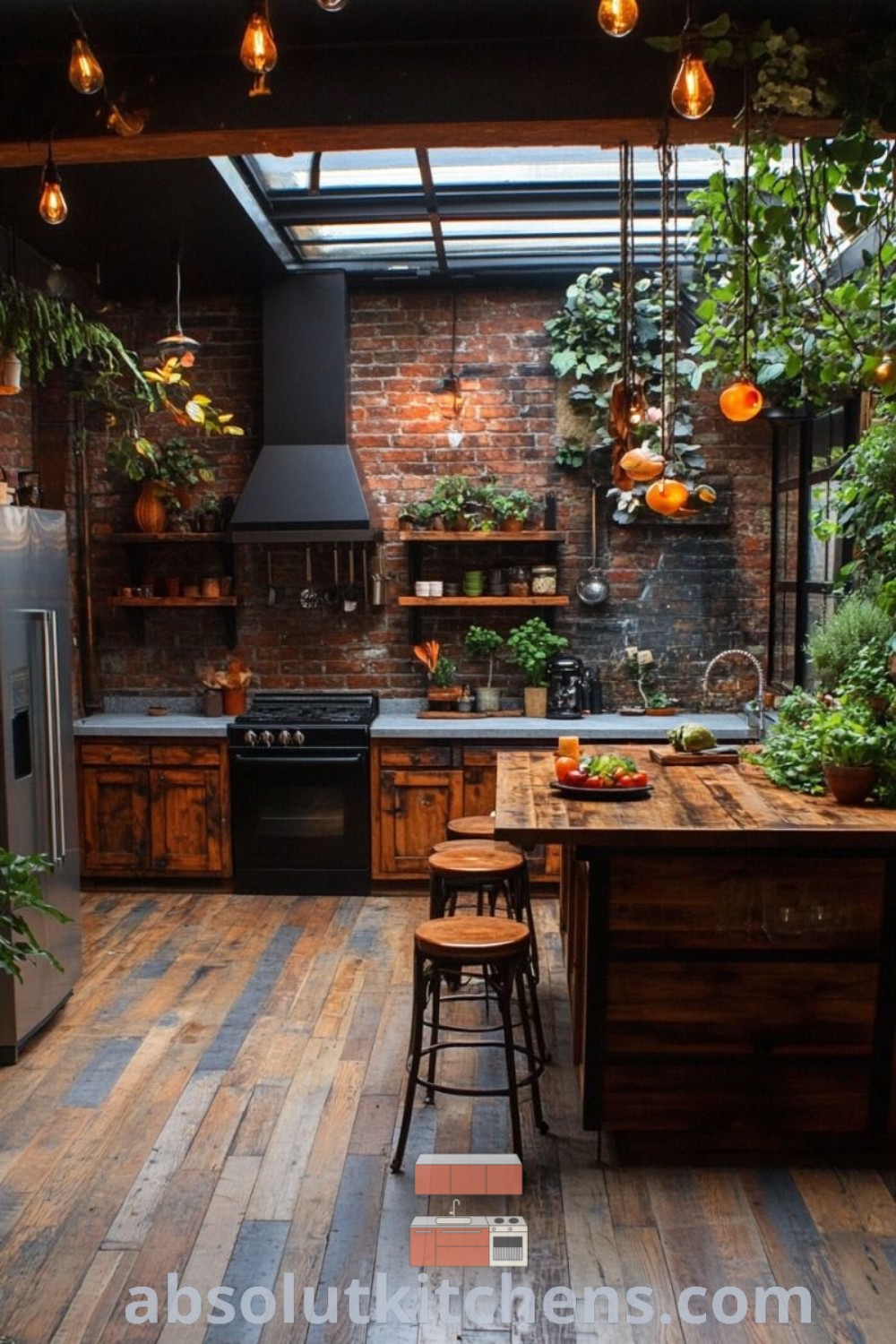 A beautiful kitchen with wooden floors, overflowing with plants, showcasing a greenhouse kitchen style that blends nature with functionality. This design offers inspiring ideas for house or apartment interiors and highlights cozy aesthetic features. Find out more design tips at absolutkitchens.com.