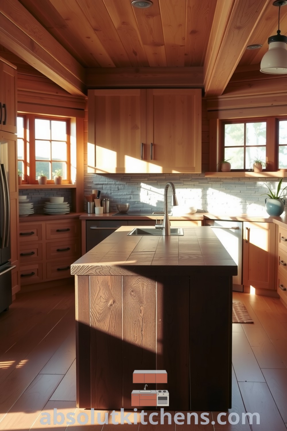 Cozy nature-inspired kitchen featuring warm earth tones, reclaimed wood cabinetry, a vintage-style apron sink, and sunlight streaming through wide windows, making it an inviting heart of the home. Visit absolutkitchens.com for unique ideas and decor inspirations.