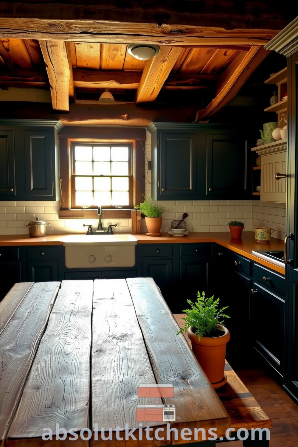 Cozy rustic kitchen featuring deep black cabinets, weathered wood ceiling beams, a reclaimed wooden table, and a vintage farmhouse sink under a sunlit window, decorated with terracotta pots of herbs, as seen on absolutkitchens.com.