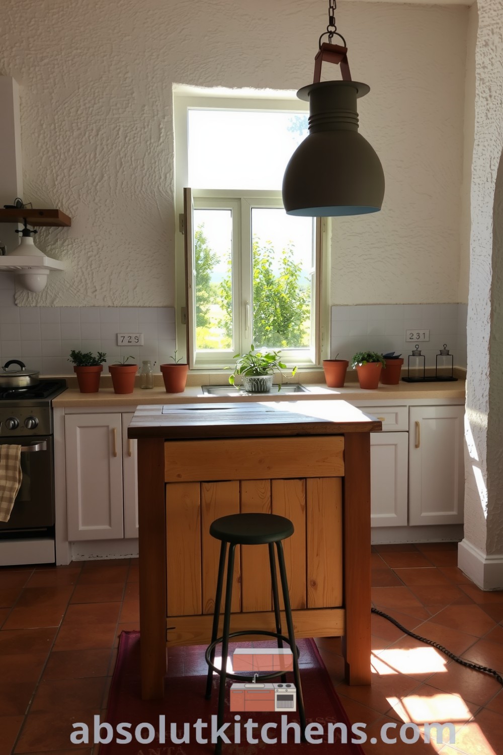 Cozy Mediterranean kitchen with textured stucco walls and terracotta floor tiles, featuring a rustic wooden island and fresh herbs in terracotta pots for an inviting atmosphere. Visit absolutkitchens.com for inspiring decor ideas and design tips.