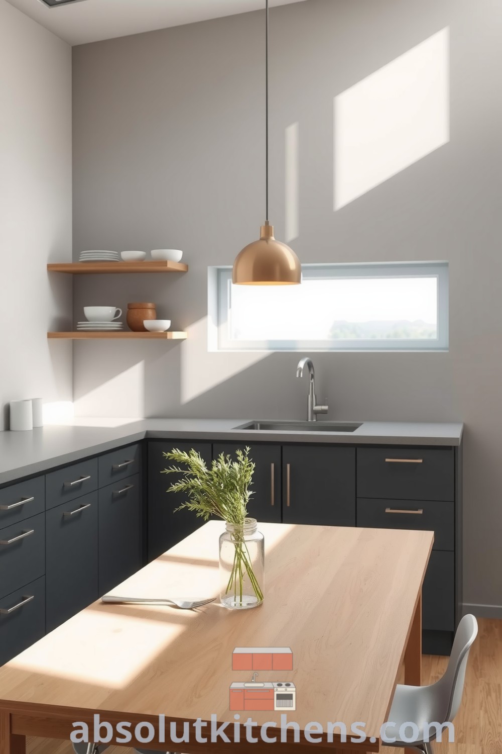 Modern minimalist kitchen featuring smooth concrete countertops and stainless steel accents, illuminated by natural light, with a wooden table holding fresh herbs, open shelving displaying simple dishware, creating a cozy atmosphere perfect for cooking and gatherings. Visit fireplacesandwoodstoves.com for unique ideas and decor inspirations.