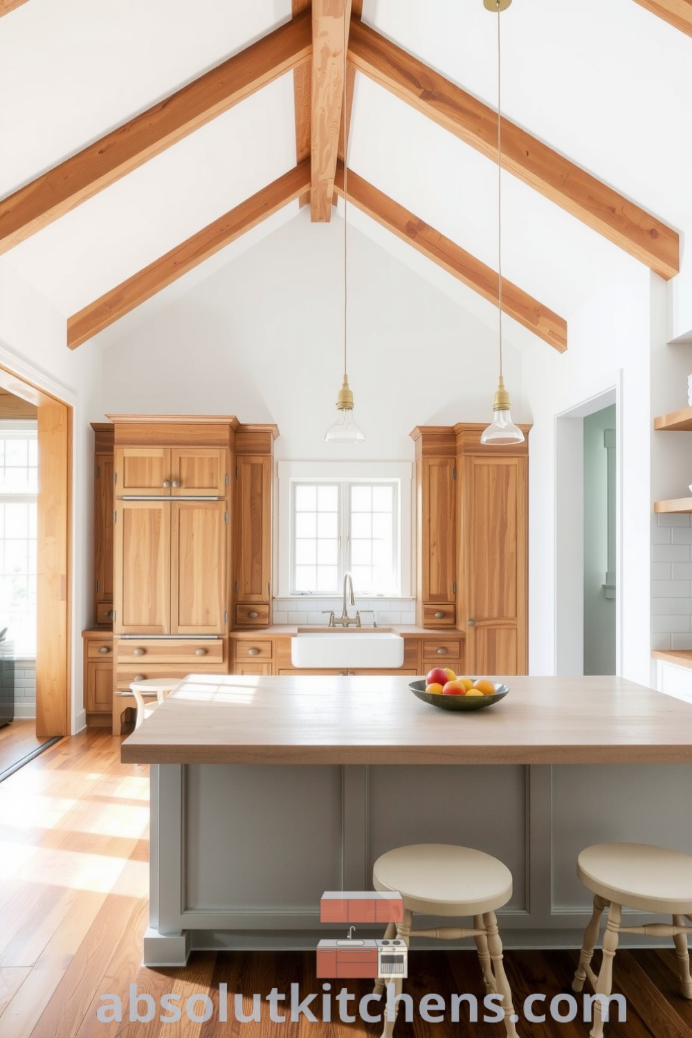 Cozy modern farmhouse kitchen with bright white walls, warm wood accents, a large rustic stone island, vintage-inspired stools, and a farmhouse sink, perfect for inspiring decor ideas for your home. Visit absolutkitchens.com for design inspirations.